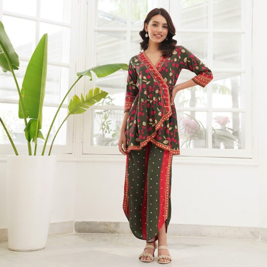 BlackTree Green Asymmetric Gather Co-ord Set with Side Tie Up Detail