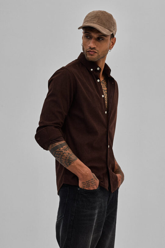 SNITCH Dark Brown Slim Fit Corduroy Shirt