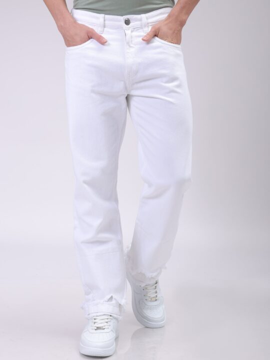 The Indian Garage Co Men's White Vintage Straight Fit Solid Distressed Jeans