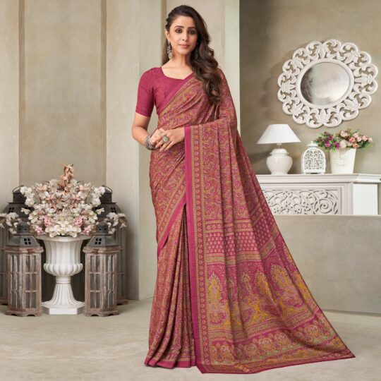 Peachmode Magenta Printed Crepe Saree – Women's