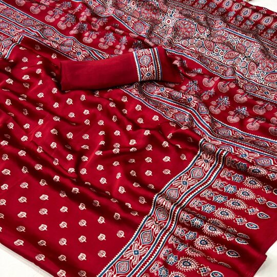 Peachmode Maroon Ajrakh Printed Satin Saree – Women's - view 2