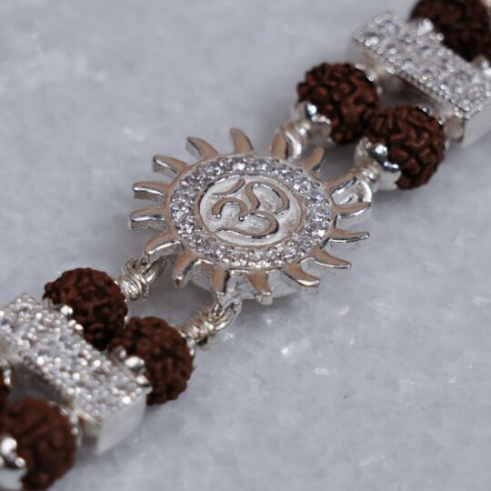 Prinjal Jewellers Real Rudraksha Silver Bracelet with Om Embedded in Surya Double Line for Men