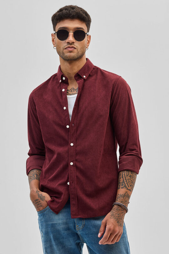 SNITCH Maroon Slim Fit Corduroy Shirt