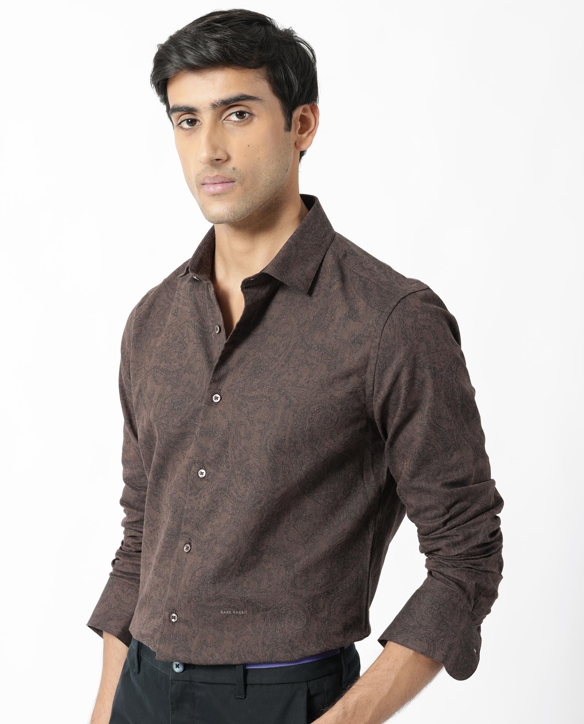 Rare Rabbit Men's Platim Rust Herringbone Fabric Full Sleeves Paisley Print Shirt - view 7