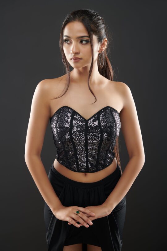Glam Off-Shouldered Sequin Corset Top – Black - view 2