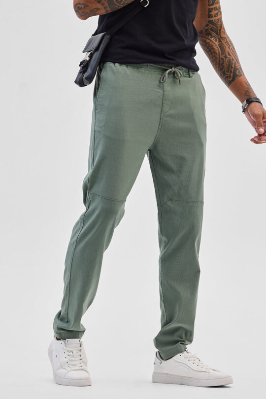 SNITCH Olive Plain Slim Fit Trousers