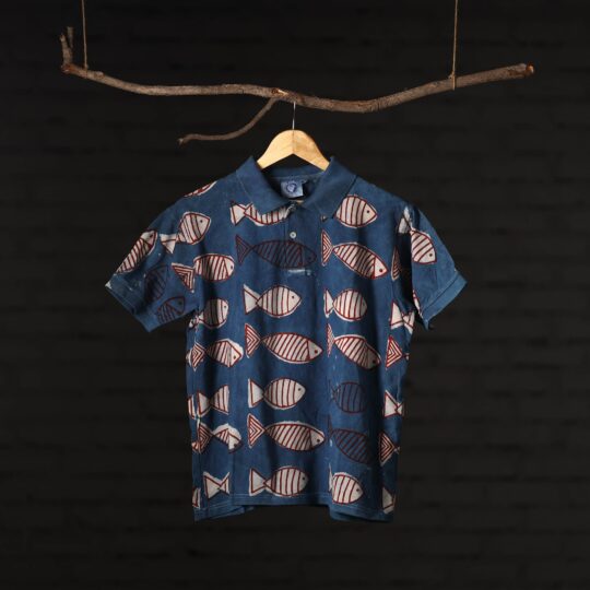 BINDAAS UNLIMITED Blue - Bindaas Natural Dyed Art Block Print Polo Collar T-shirt in Pure Cotton