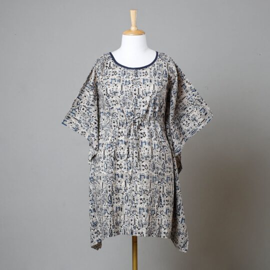 ITOKRI CASUALS Beige - Block Print Cotton Kalamkari Kaftan with Tie-Up Waist (Medium)