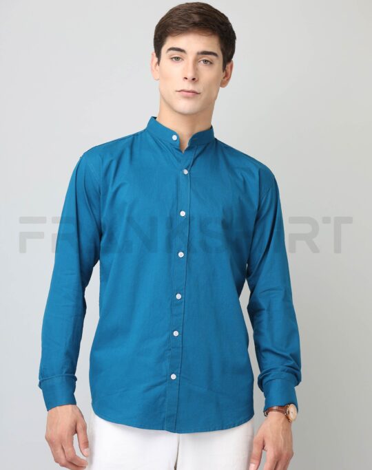 BlackTree Frankshirt Chinese Collar Peacocke Blue Solid Tailored Fit Cotton Casual Shirt for Man - view 2