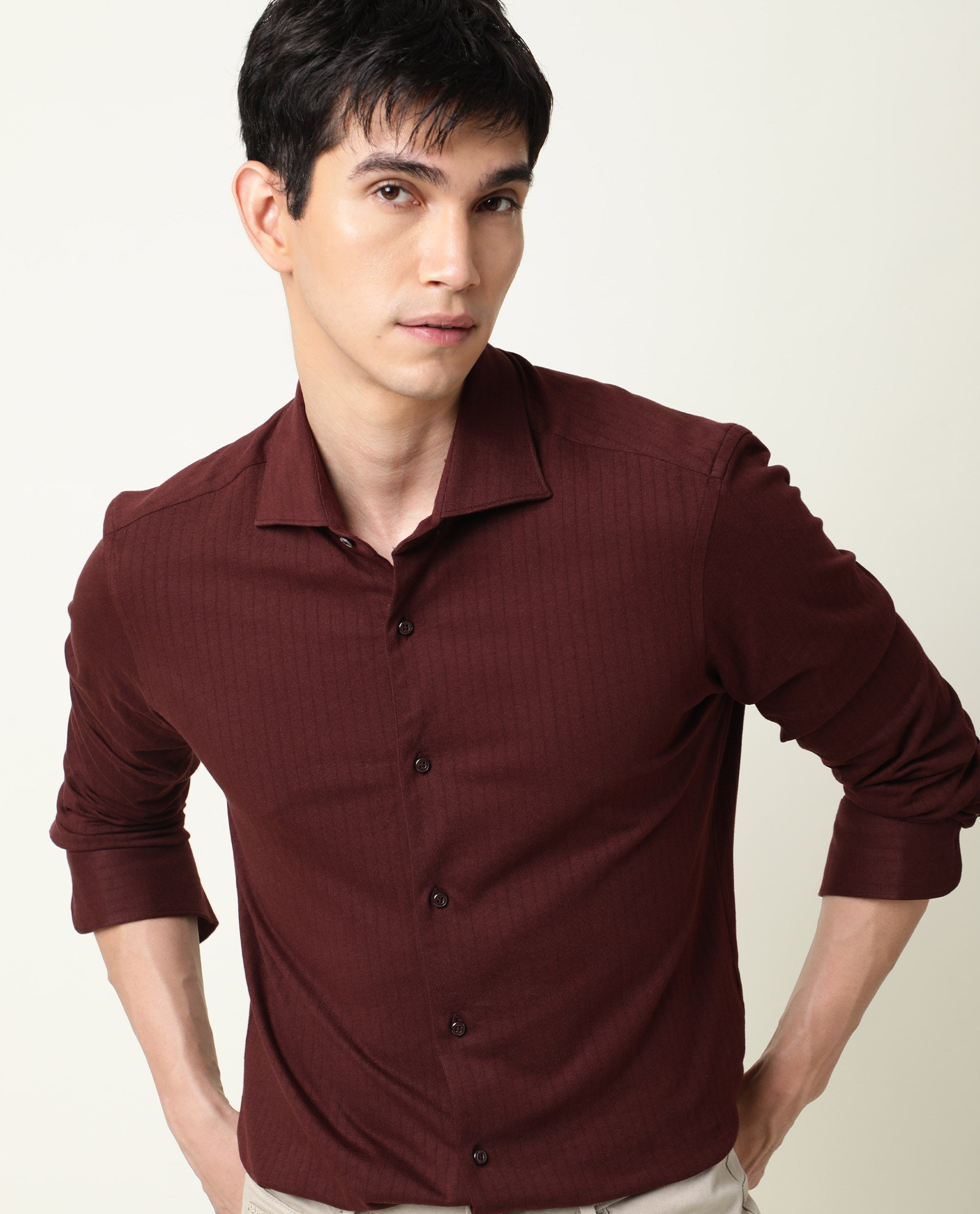 Rare Rabbit Men's Vertical Maroon Cotton Fabric Full Sleeves Striped Shirt - view 2