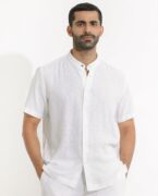Rare Rabbit Men's Lune Ss White Linen Mandarin Collar Half Sleeves Shirt