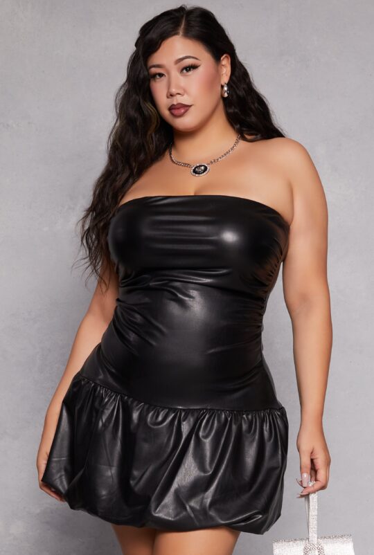 almost_famous Plus Size Almost Famous Faux Leather Bubble Hem Mini Dress