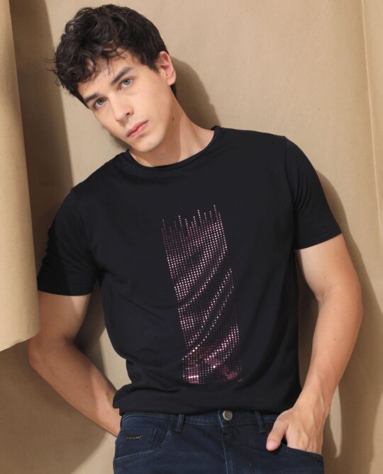 Rare Rabbit Men's Dotter Black T-shirt Cotton Fabric Crew Neck Half Sleeves Slim Fit