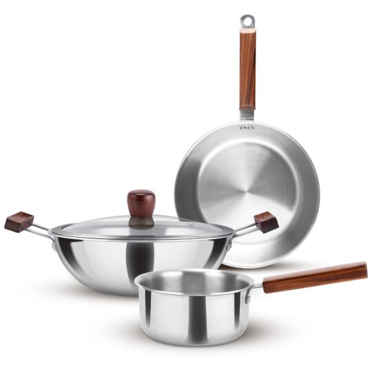 Triply 4Pc Set Sauce Pan/Frying Pan/Kadhai W Gls Lid Wooden Handle (Milton Procook) - view 2
