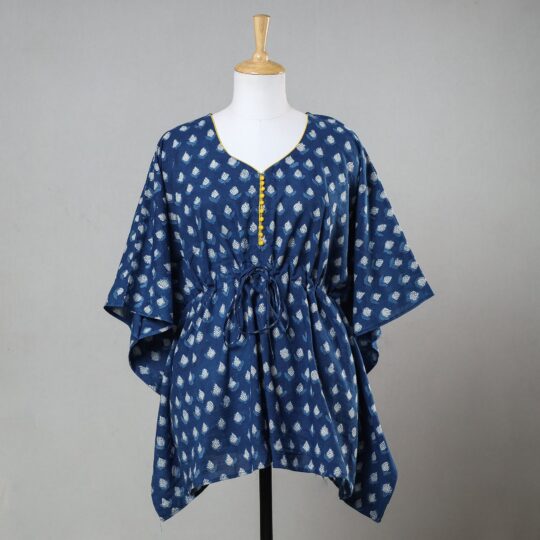 ITOKRI CASUALS Blue - Bagru Block Printed Cotton Kaftan with Tie-Up Waist (Short)
