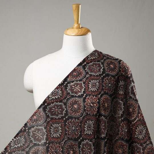 KACHCHH JI CHHAAP Black Patterned Block Print Mul Cotton Ajrakh Fabric