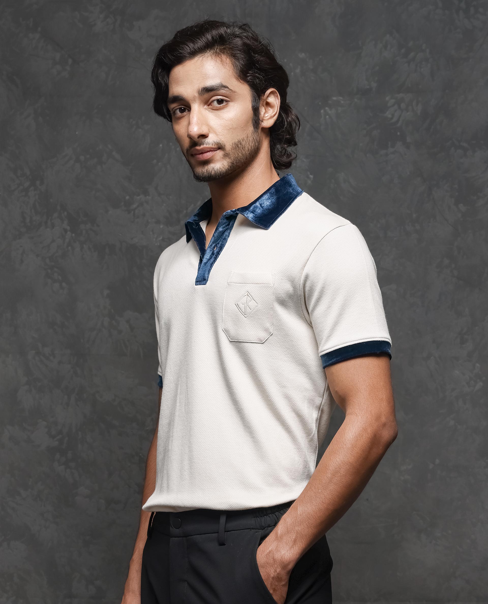Rare Rabbit Men's Danil Off-White Cotton Fabric Contrast Detailing Velvet Collar And Sleeve Half Sleeve Polo T-Shirt - view 5