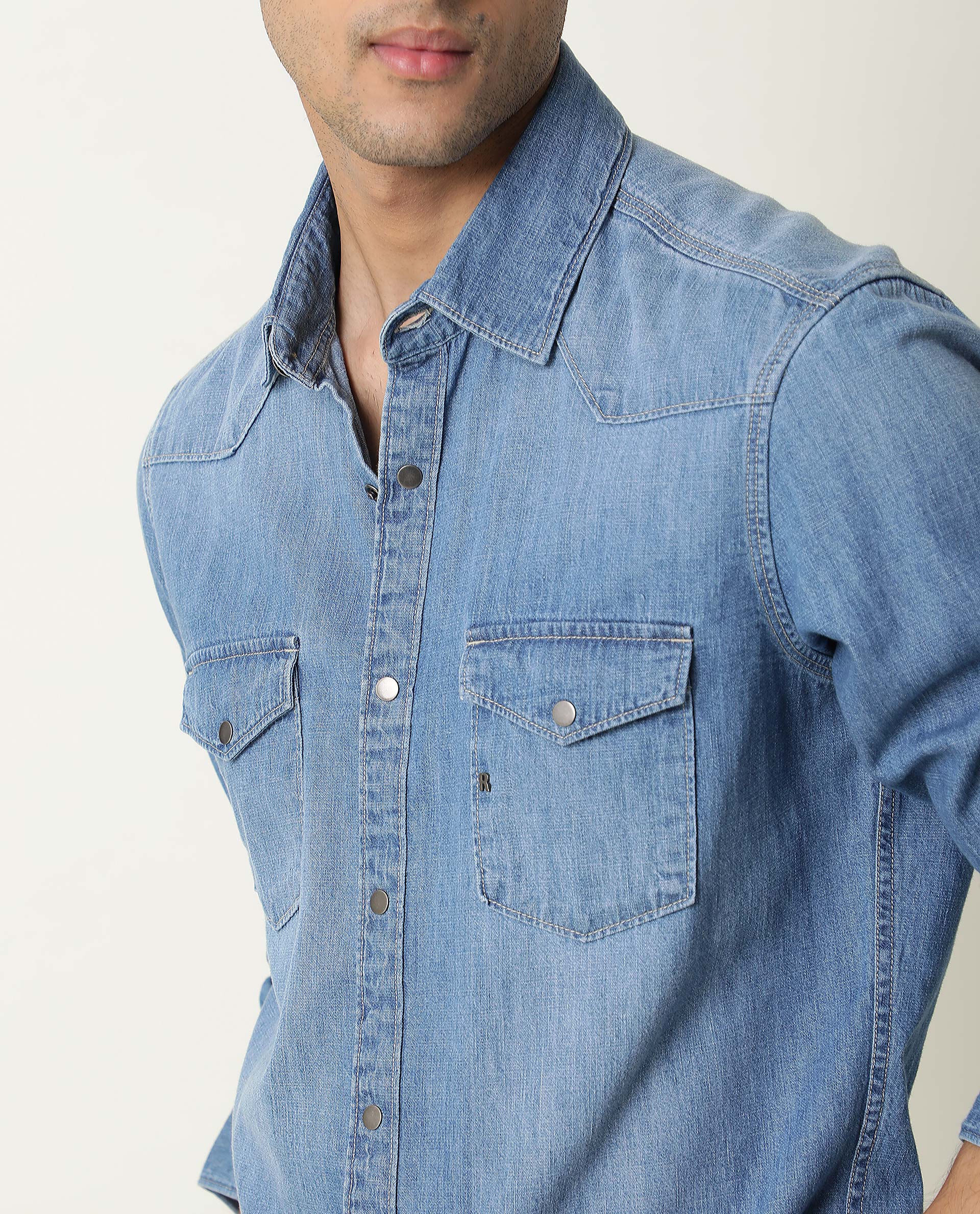 Rare Rabbit Men's Taison Light Blue Full Sleeves Denim Shirt - view 4