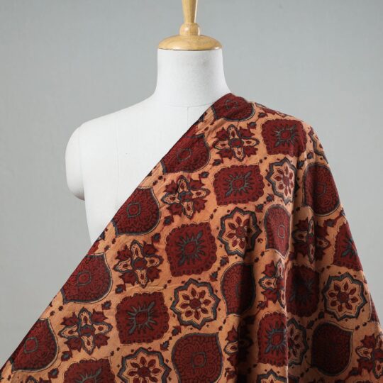 AJRAKH BY JABBAR KHATRI Beige & Maroon Ajrakh Block Printed Cotton Fabric