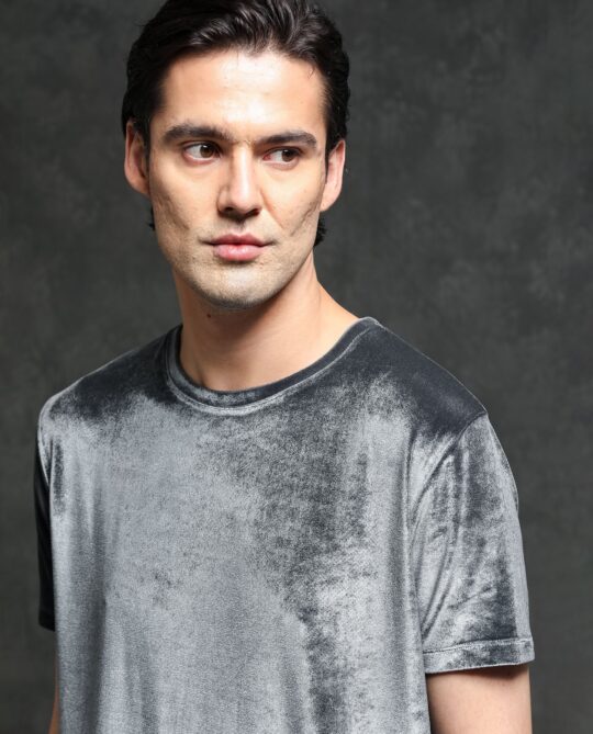 Rare Rabbit Men's Timo Grey Polyester Fabric Crew Neck Half Sleeves Velvet Texture Solid T-Shirt - view 2