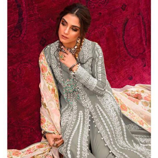 Peachmode Grey Partywear Embroidered Pure Cotton Pakistani Suit