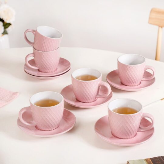Nestasia Set Of 6 Pink Tara Ceramic Tea Cup And Saucer 225ml