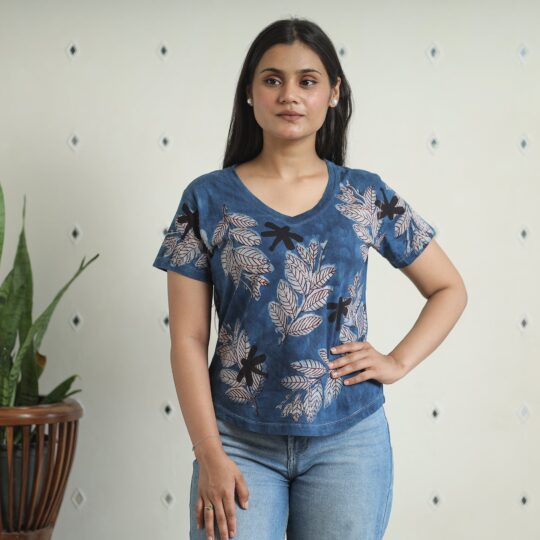 BINDAAS UNLIMITED Blue - Bindaas Block Art Printed Cotton Women V Neck T-shirt 13