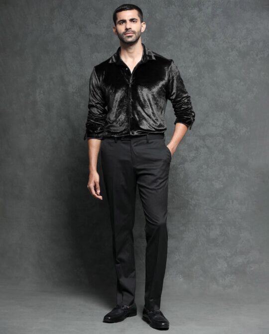 Rare Rabbit Men's Valve Black Velvet Fabric Full Sleeves Solid Shirt - view 2