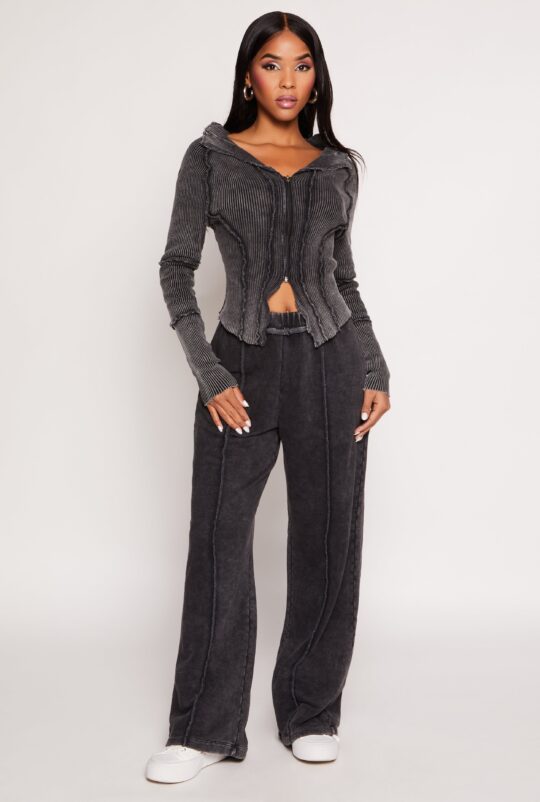 love_university Ribbed Knit Acid Wash Zip Front Top - view 2