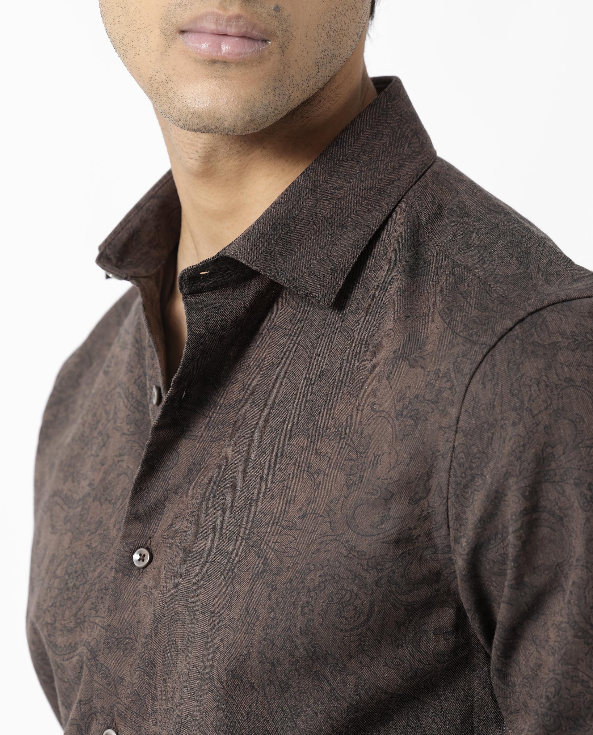 Rare Rabbit Men's Platim Rust Herringbone Fabric Full Sleeves Paisley Print Shirt - view 5