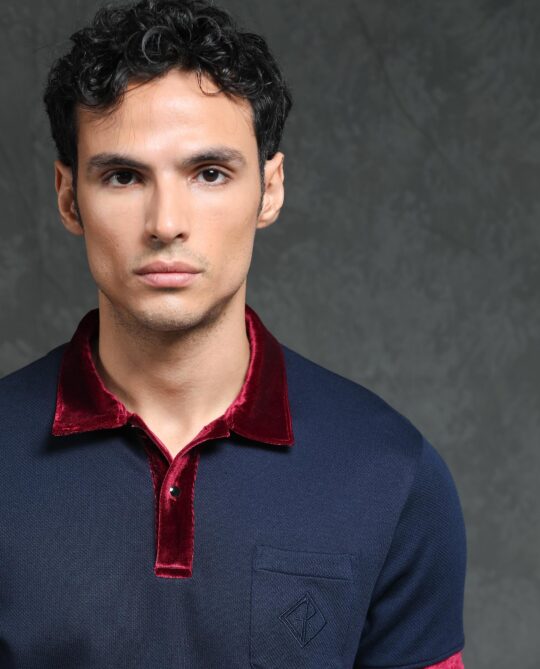 Rare Rabbit Men's Danil Navy Cotton Fabric Contrast Detailing Velvet Collar And Sleeves Half Sleeve Polo T-Shirt - view 2