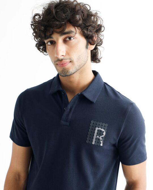 Rare Rabbit Men's Poka Navy Cotton Lycra Fabric Collared Neck Half Sleeves Polo T-Shirt - view 2