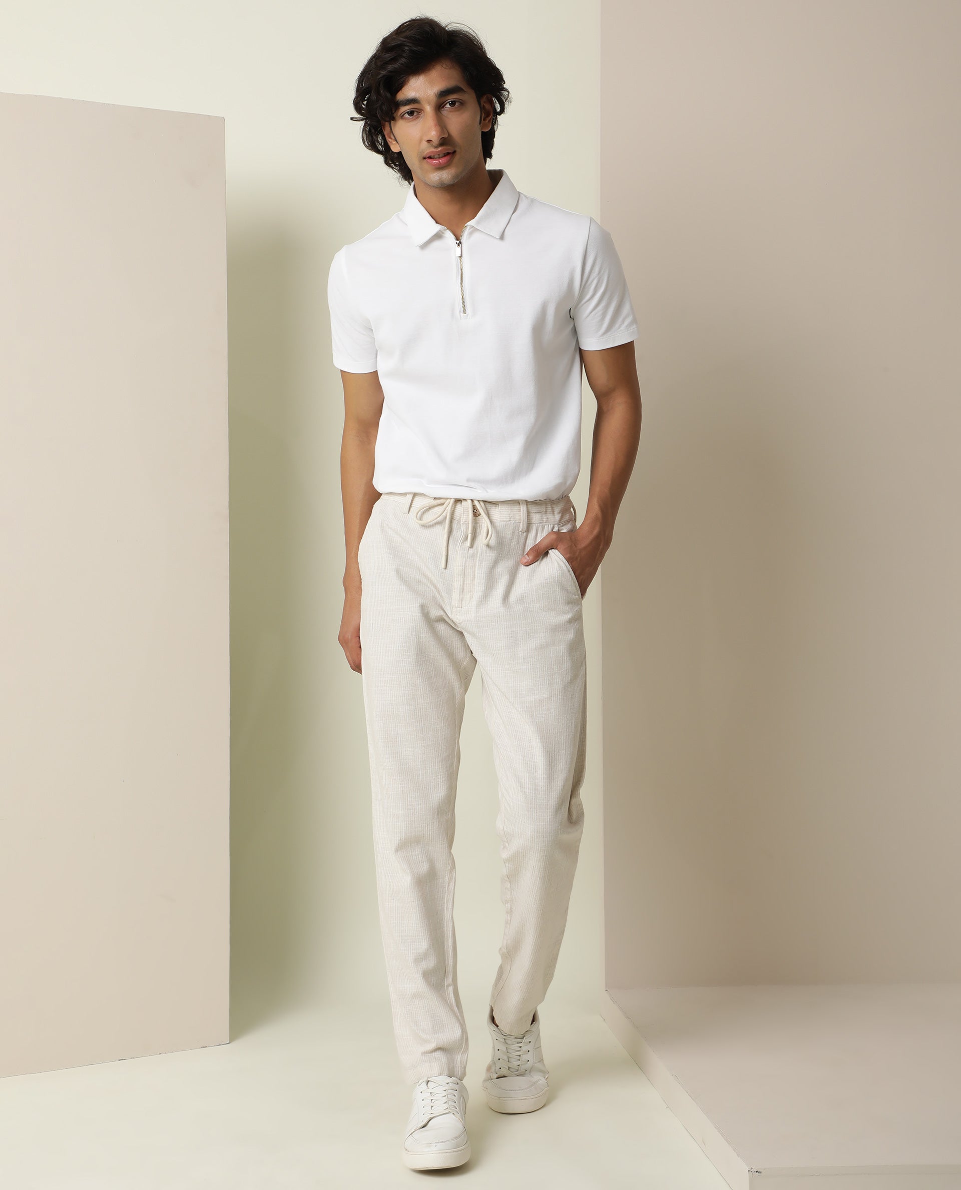 Rare Rabbit Men's Brera Beige Mid-Rise Regular Fit With Drawstring And Elastic Waistband Classic Striped Trouser - view 3