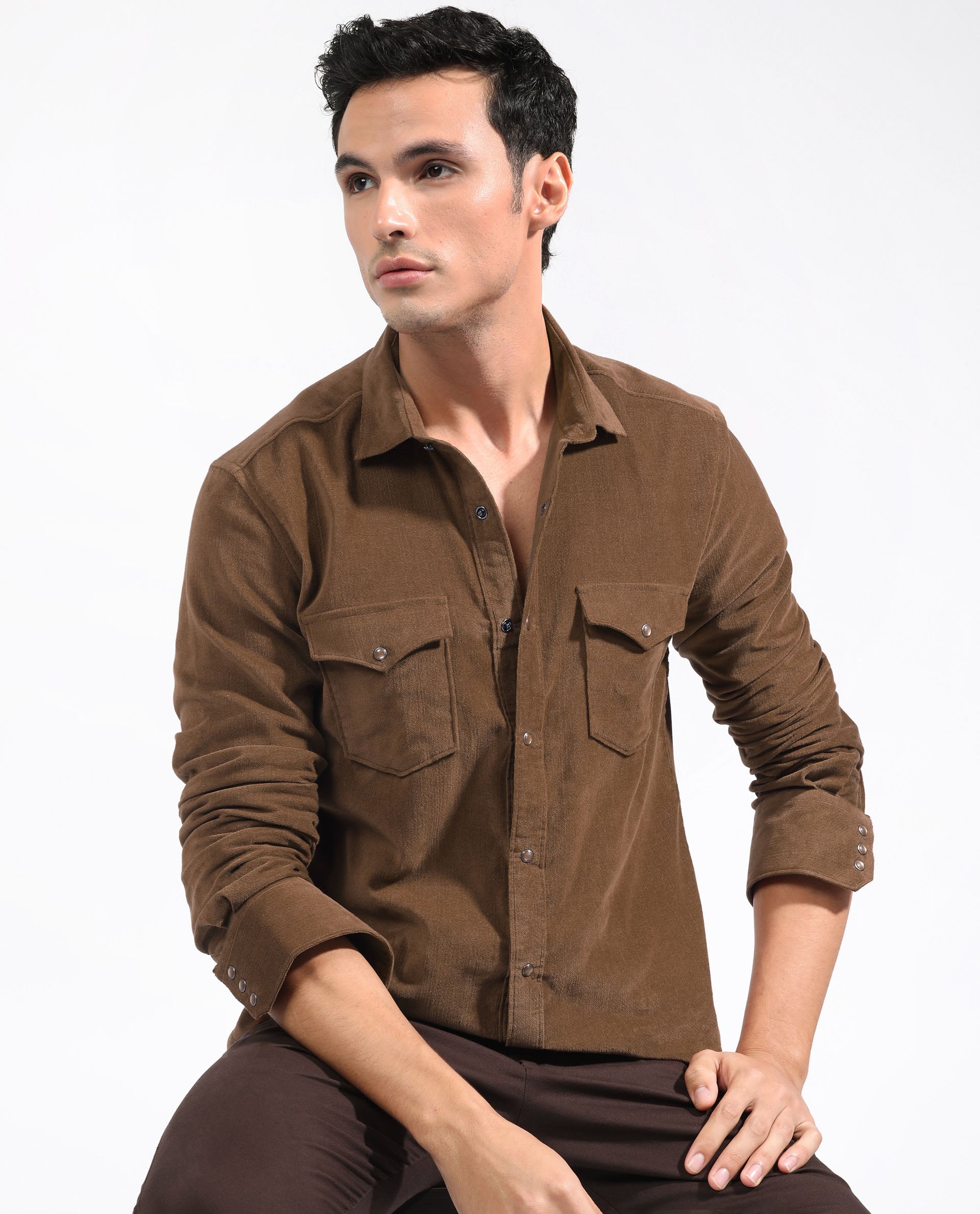 Rare Rabbit Men's Cordini Brown Cotton Fabric Full Sleeves Solid Shirt - view 9