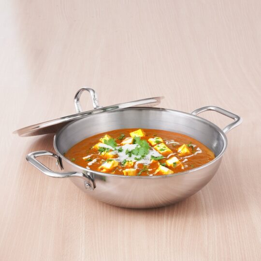 The Indus Valley TurboCuk Tri-ply Stainless Steel Kadai+ Steel Lid, Premium Quality, 3 Layer Thick Body, 100% Toxin-free,