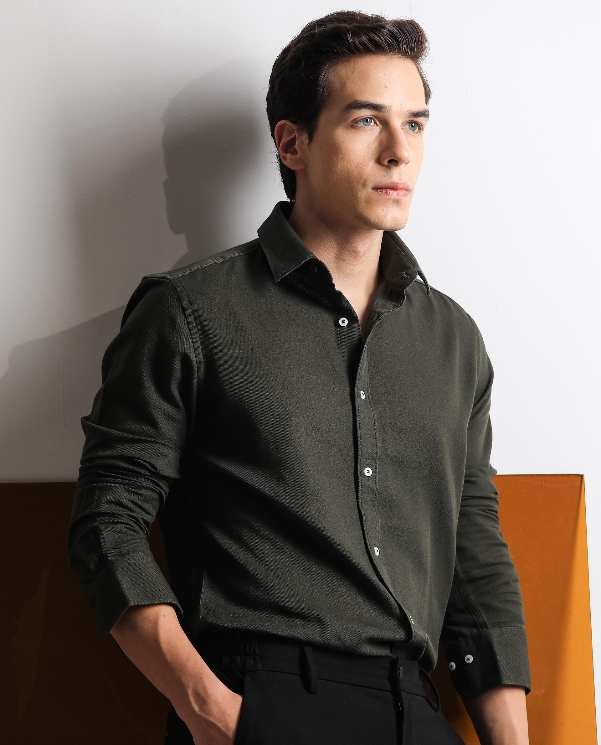 Rare Rabbit Mens Otago Olive Cotton Fabric Full Sleeves Regular Fit Solid Twill Shirt - view 3