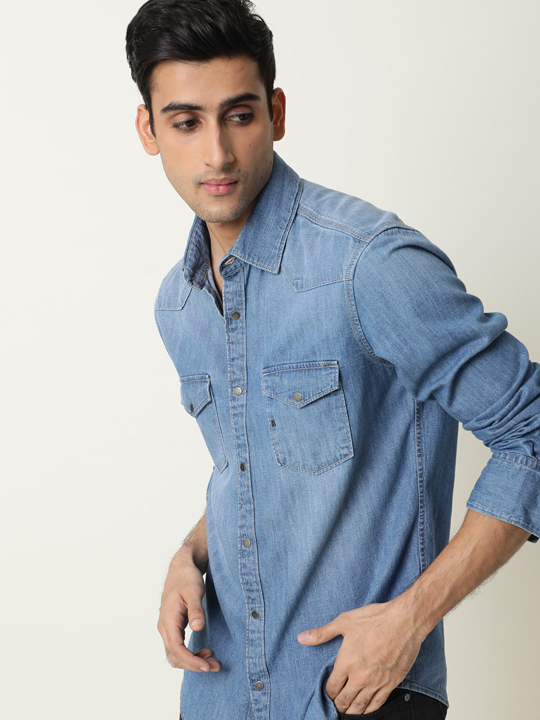 Rare Rabbit Men's Taison Light Blue Full Sleeves Denim Shirt - view 3