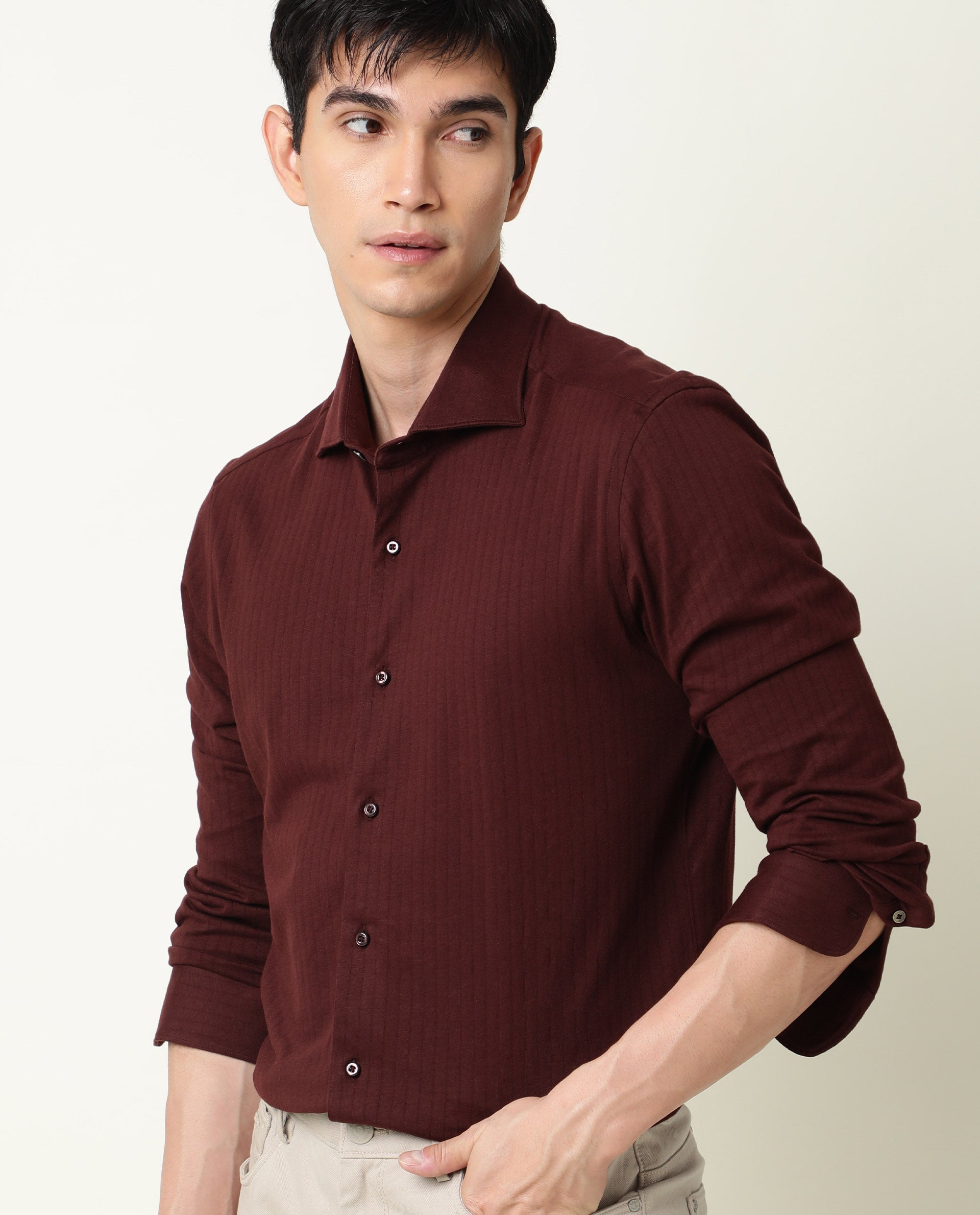 Rare Rabbit Men's Vertical Maroon Cotton Fabric Full Sleeves Striped Shirt - view 6