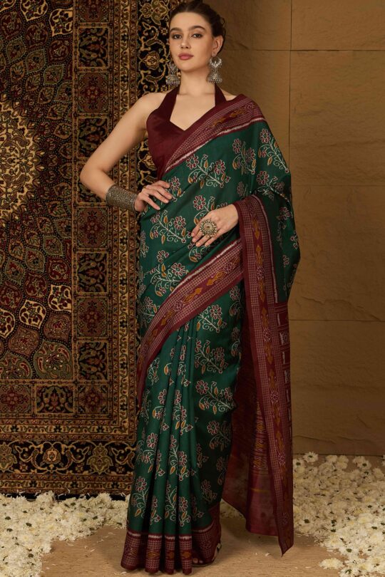 Green sarees – BlackTree green-floral-printed-bhagalpuri-silk-saree-27
