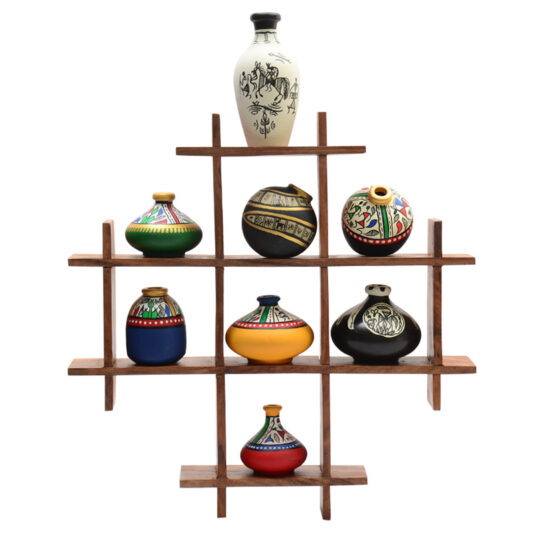 EXCLUSIVELANE 8 Terracotta Warli Handpainted Pots with Sheesham Wood Frame Wall Hanging - view 2