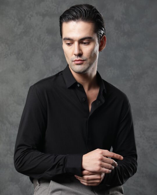 Rare Rabbit Men's Zac Black Rayon Fabric Full Sleeves Solid Shirt