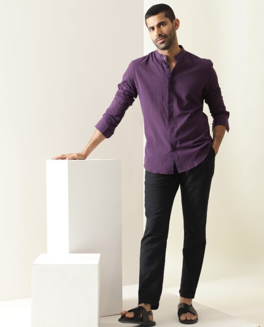 Rare Rabbit Men's Crinckle Purple Cotton Fabric Mandarin Collar Full Sleeves Solid Shirt - view 2