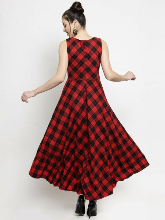 Women Checked Red Round Neck Dress..