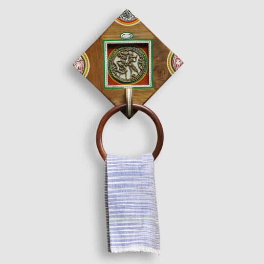 EXCLUSIVELANE 'Brass-y On Wood' Warli Handpainted Sheesham Wood Towel Holder with Dhokra Motif - view 2