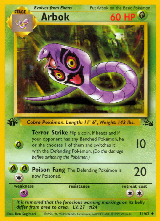1st edition base3-31 – Pokémon Arbok - 31/62 - Uncommon - 1st Edition [base3-31] [Non-Holo] - Arbok - 31/62 - Uncommon - 1st Edition