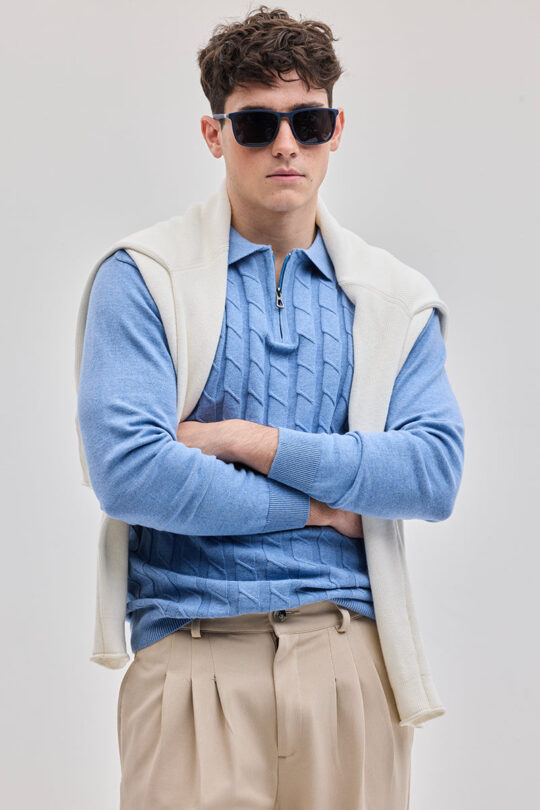 SNITCH Light Blue Zipper Knitted Polo T-Shirt