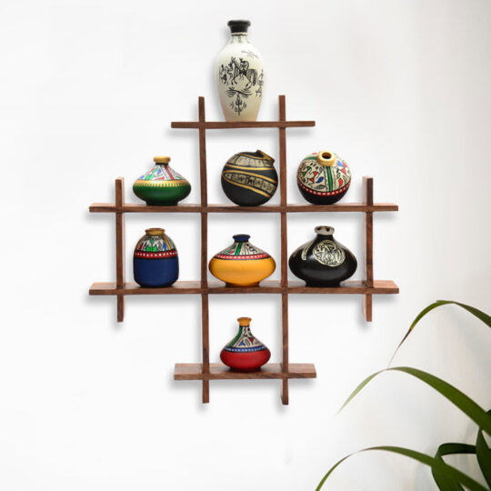 EXCLUSIVELANE 8 Terracotta Warli Handpainted Pots with Sheesham Wood Frame Wall Hanging