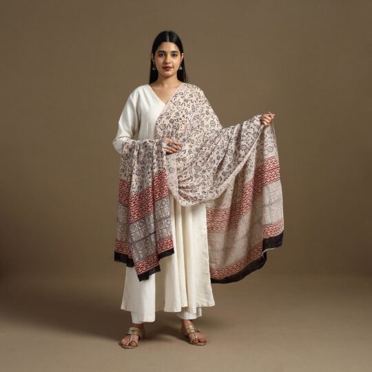 ARTISAN HAND BLOCK PRINTS Beige - Block Print Mul Cotton Bagru Dupatta 13