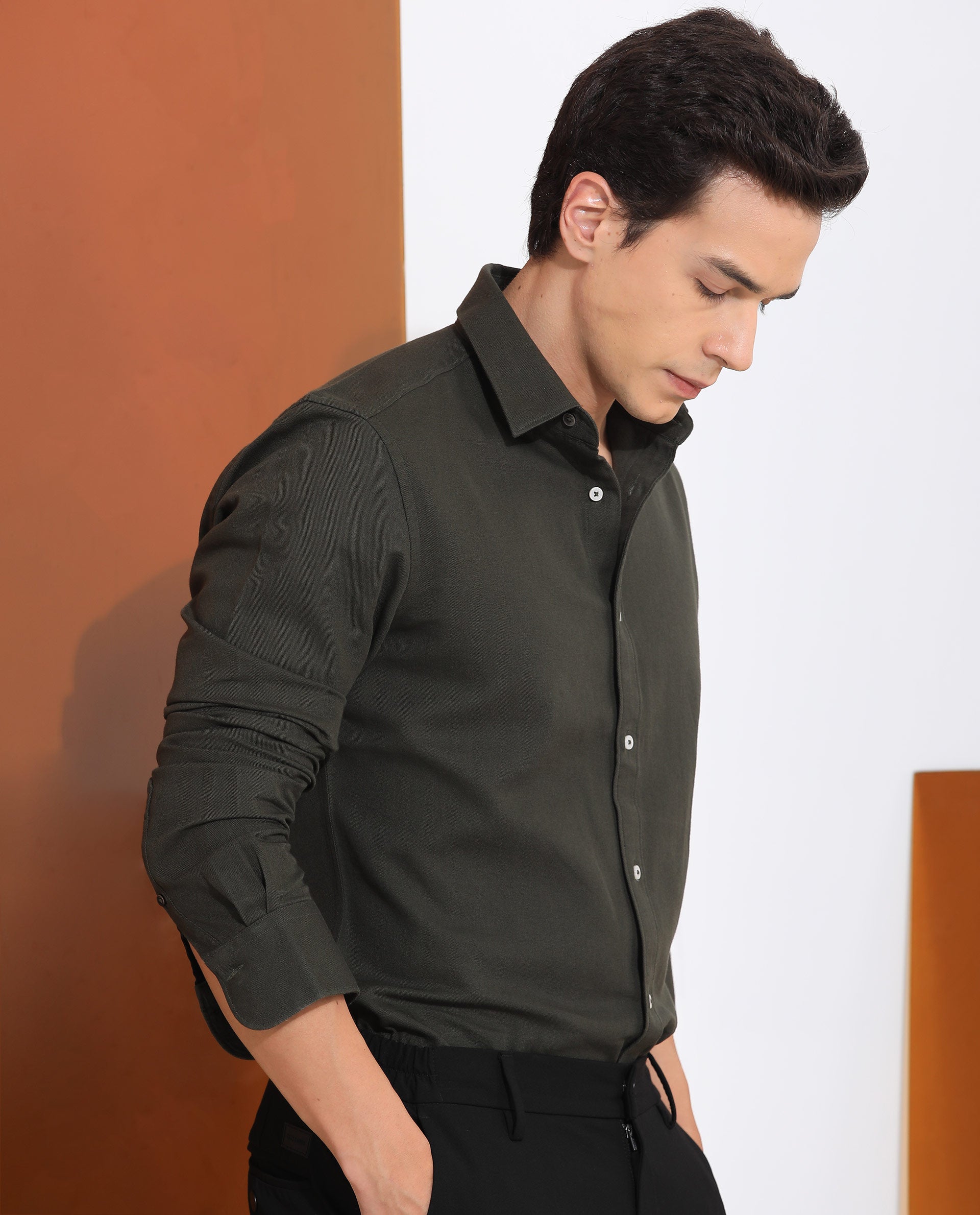 Rare Rabbit Mens Otago Olive Cotton Fabric Full Sleeves Regular Fit Solid Twill Shirt - view 8