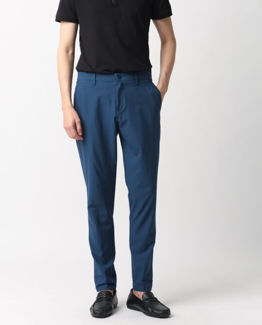 Rare Rabbit Men's Drivers Dark Blue Mid-Rise Bi-Stretch With Elastic Waistband Regular Fit Trouser